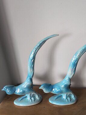 MCM Hollywood Regency California Pottery Style Blue Iridescent Pair of Pheasants